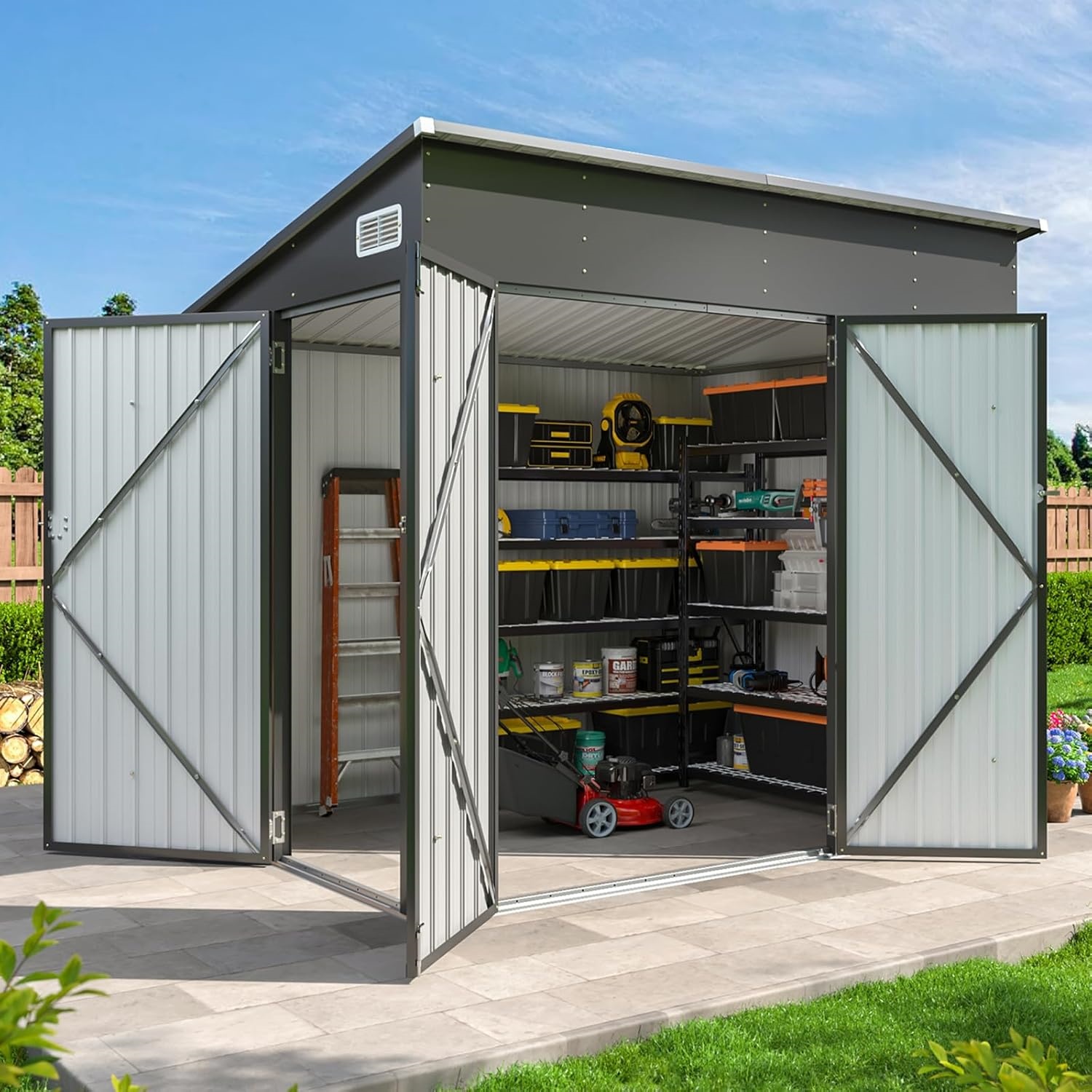 Gardening Tools Organiser - Nordivale 8x4FT Triple Door Metal Storage